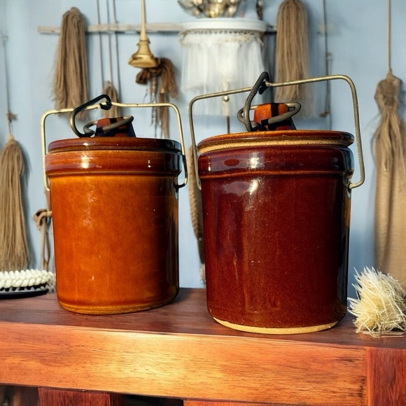 Source Unknown Other - PAIR OF VINTAGE BROWN STONEWARE CROCK JARS WITH LIDS & METAL HANDLES